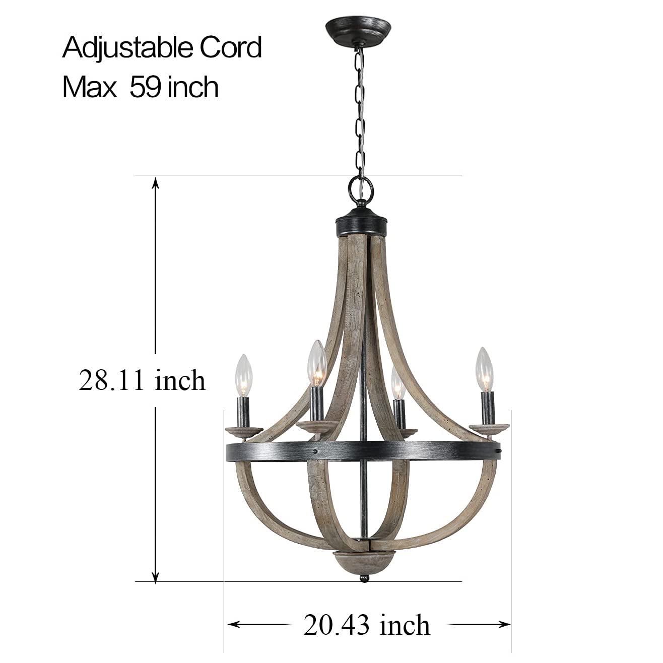 28" Wood French Country Chandelier for Dining Room, 4 Light Orb Farmhouse Rustic Chandeliers Pendant Light, Distressed Vintage Candle Hanging Ceiling Lighting Fixtures for Living Room Foyer Bedroom