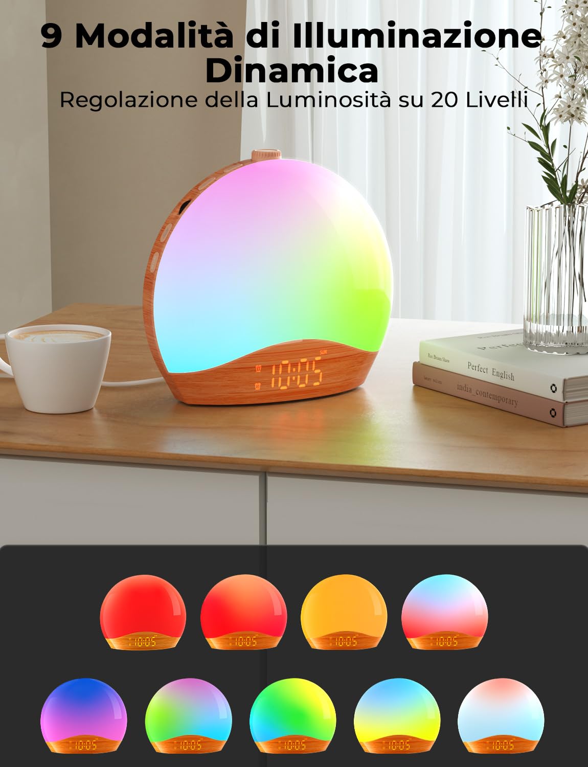 LIORQUE Sveglia Simulazione Alba, Doppia Sveglia, 20 Livelli, 9 Colori | Sveglia Comodino, Rumore Bianco, Luce Notturna, Modalità Weekend, Snooze, 22 Suoni, FM/Bluetooth, 5W USB