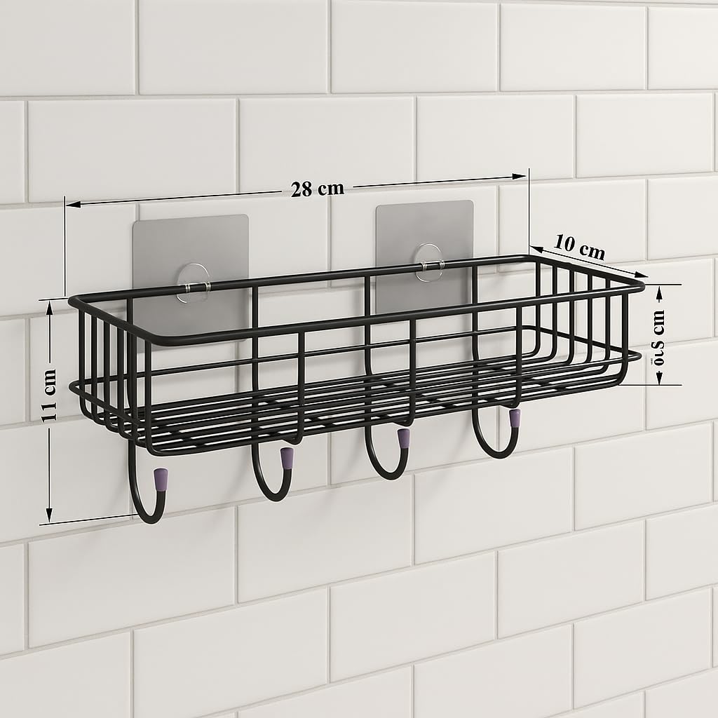 NAMUVA Self Adhesive Stainless Steel Bathroom Shelf with 4 Hooks | Black — Amazon image 2