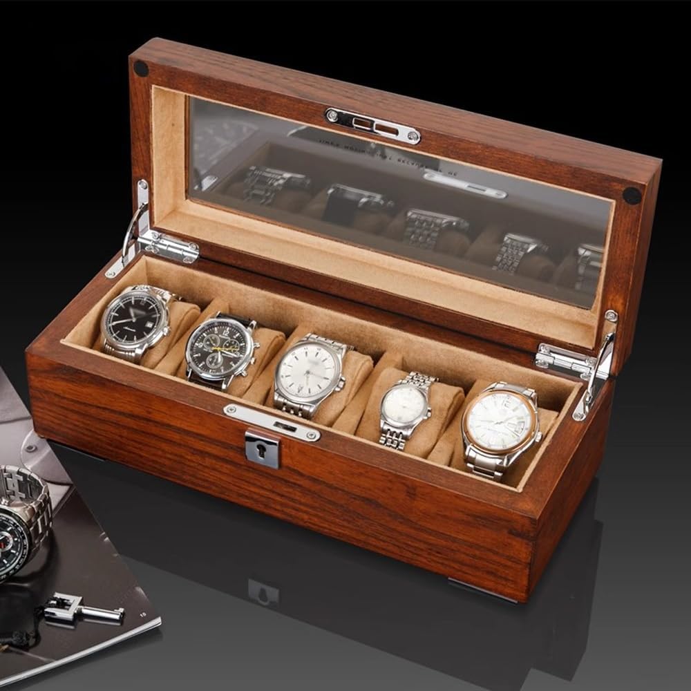 Watch Box for Men, Organizer 5 Slot Watch Display Case, Men Jewelry Box Storage Watch and Watch Box Men, Watch Holder Organizer for Men Women -5 Slot(Dark Brown Interior) (Yellow Interior)