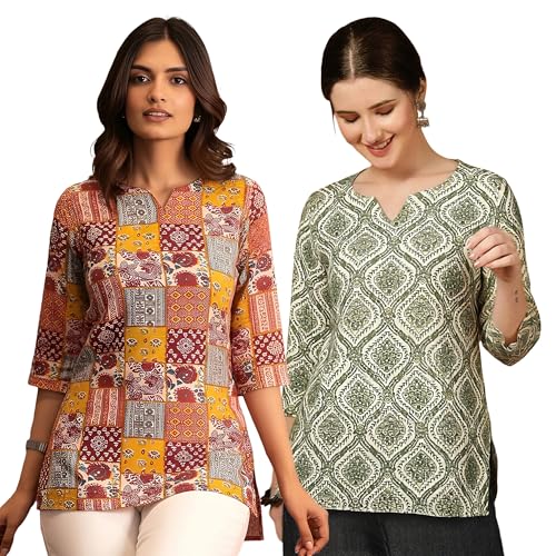 Image of Pinkmint Women's Cotton Blend Printed Short Kurti, Hip-Length Ethnic Tunic for Women, 3 /4 Sleeve Notch Neck, Casual, Office (Available in Plus Sizes & Combo Pack 2)