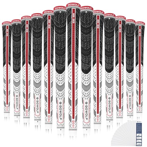 Gowolf Cross Corded Rubber Golf Grips 13 Pack, Back Rib Improved Control Multi-compound Hybrid Golf Club Grips, with Free 15 Tapes (Red+White, Midsize)