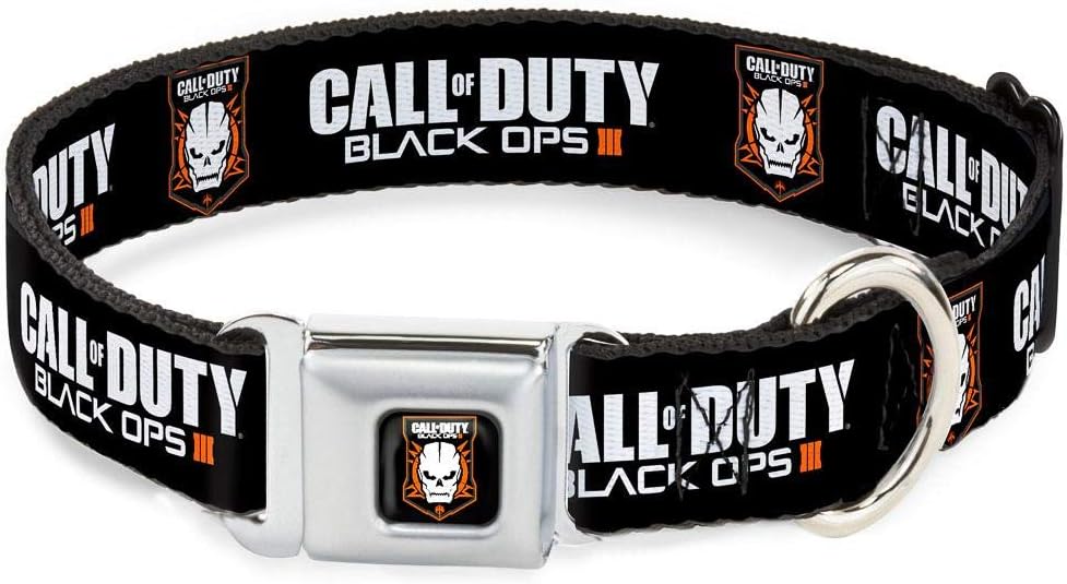 Buckle-Down Seatbelt Buckle Dog Collar - CALL OF DUTY-BLACK OPS III/Skull Icon Black/White/Orange - 1.5" Wide - Fits 13-18" Neck - Small