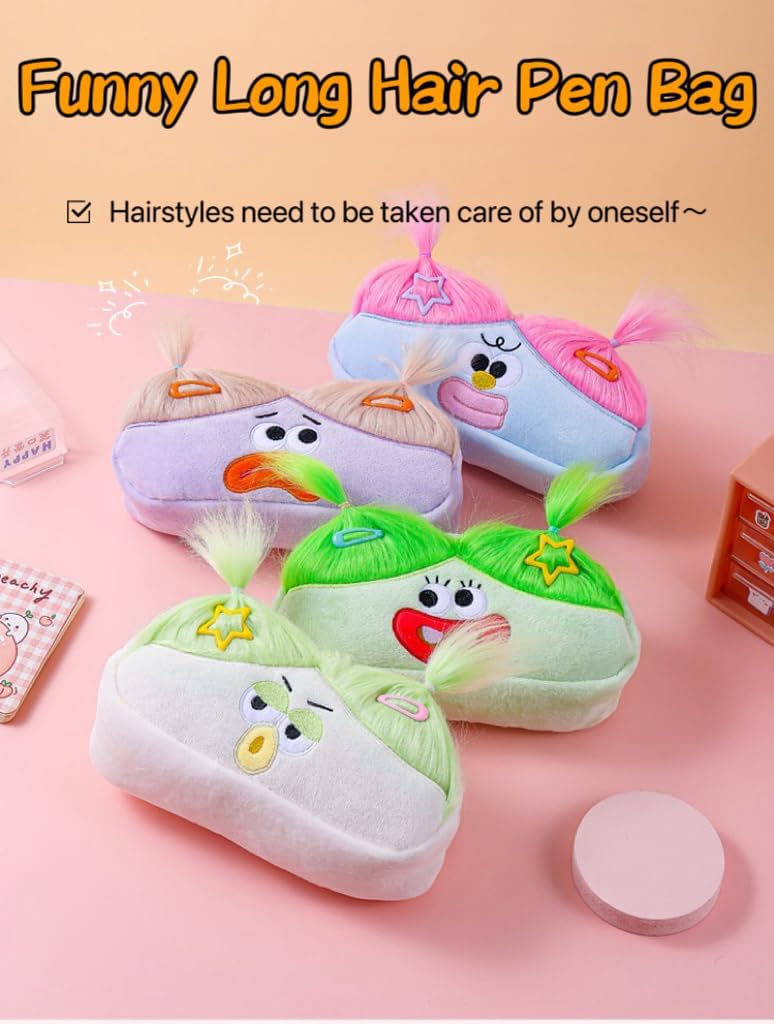 XZR Cute DIY Pen Bag Case Box Stocking Stuffers Cute Creative Long Hair Doll Colorful Cartoon Large Capacity Zipper Organizer Storage Bag Box Nice Gift (Green)