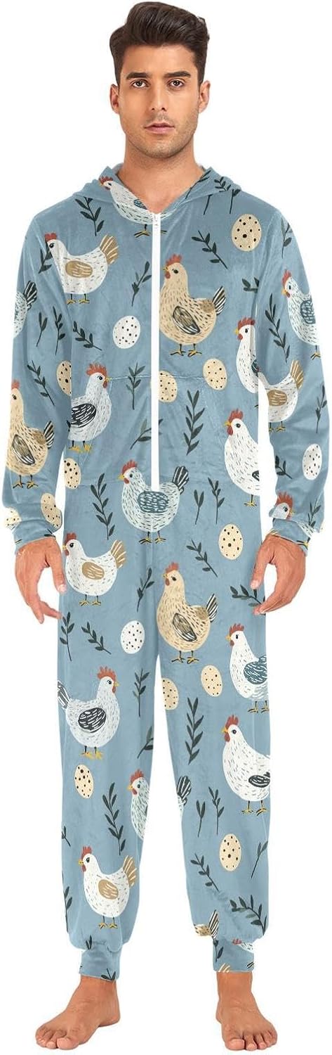 ZZKKO Blue Farm Hens Eggs Adult Onesie Pajamas for Women Men Cozy One Piece Pajamas Costume Zip-Up Hooded S-XL