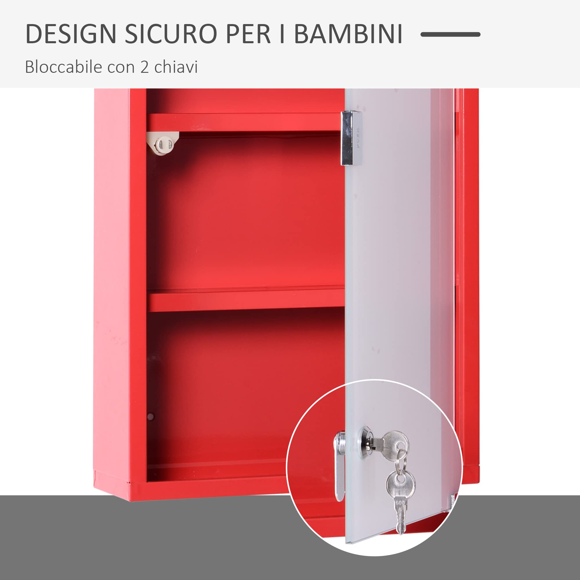 HOMCOM Cassetta Porta Medicine Armadietto Medicinali 4 Livelli Porta in Vetro 60×30×12cm Rosso