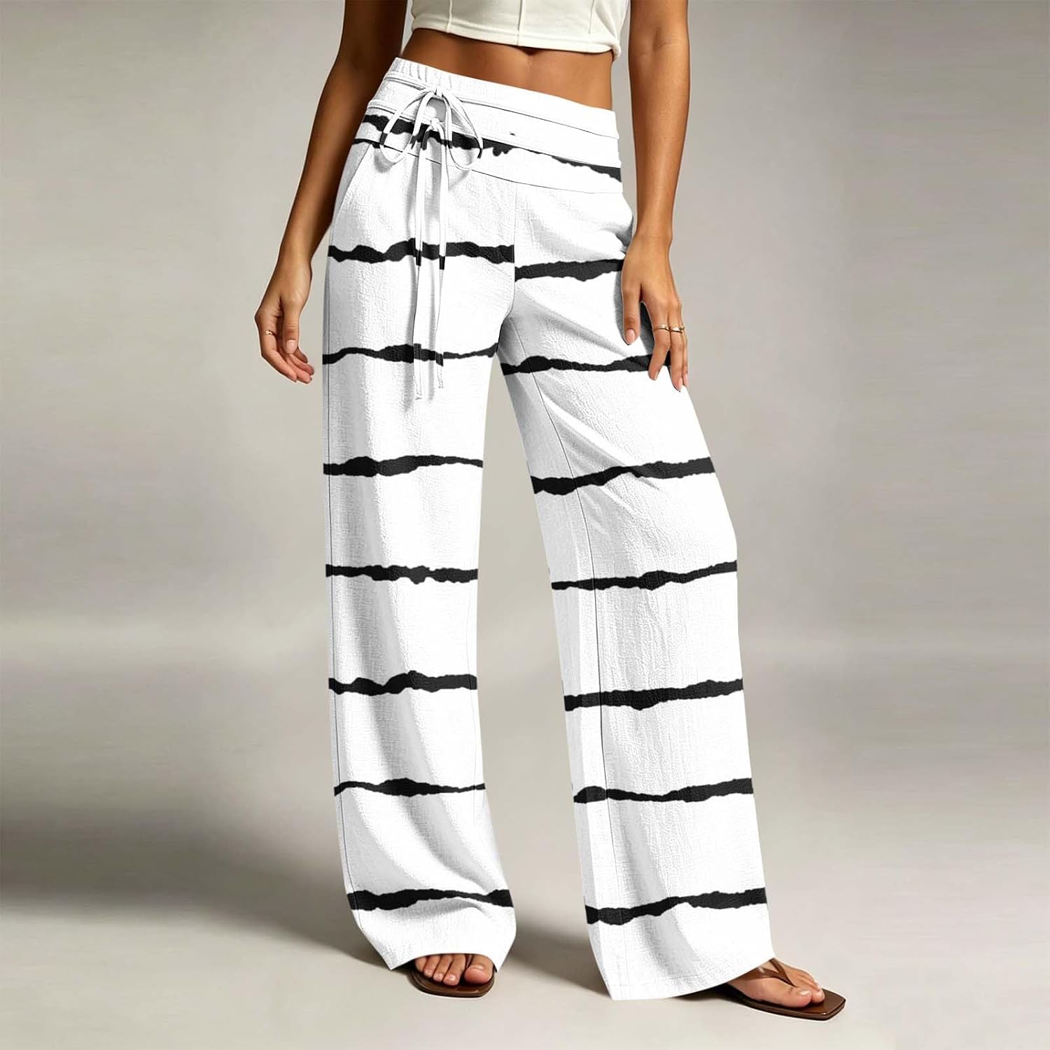 Women Tie Waist Striped Pants Loose Fit Comfy Breathable Lounge Pants Lightweight Fashion Casual Pants with Pockets