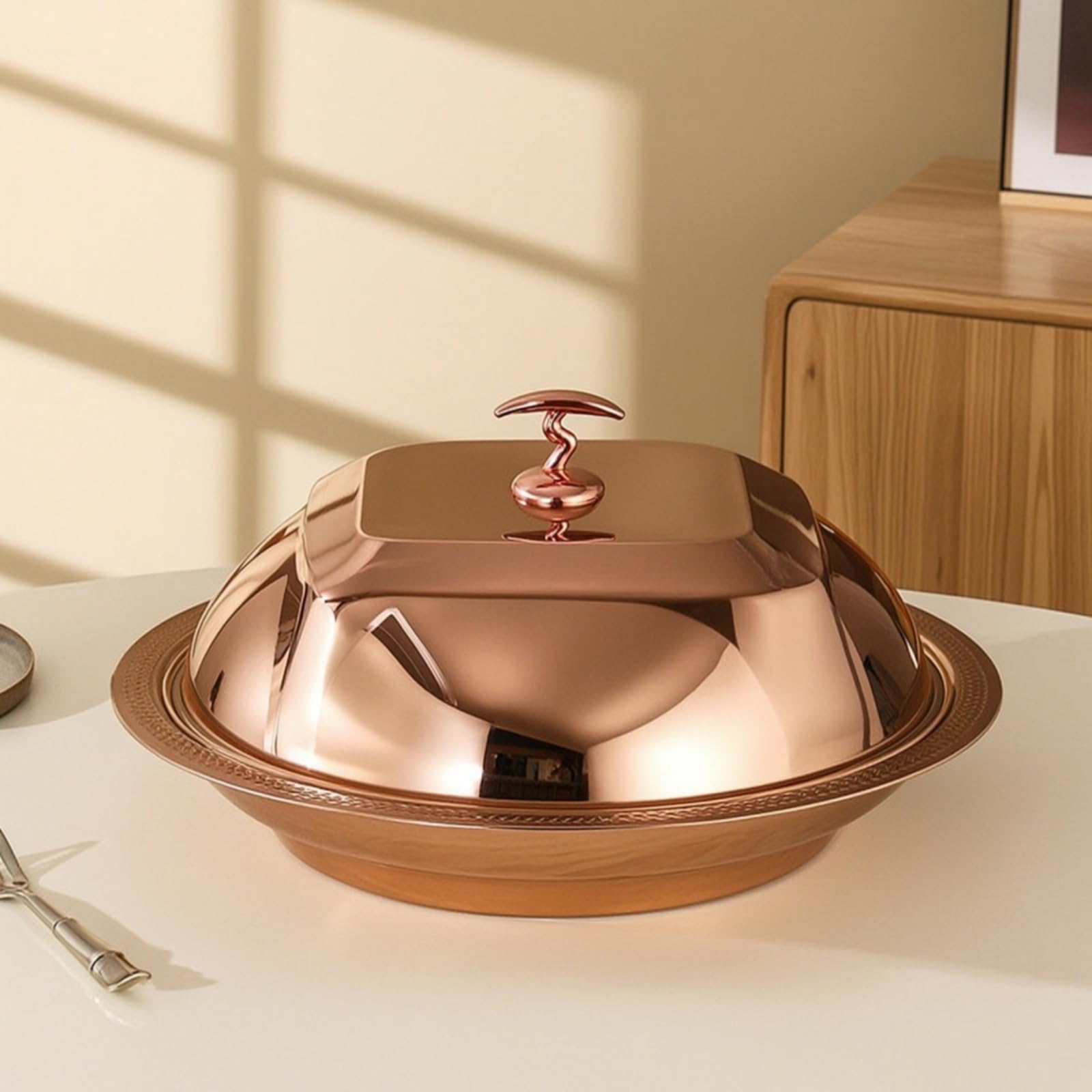 Copripiatto a Cupola con Piatto Dorato Cloche con Maniglia in Acciaio Inox Copripiatto Maniglia per Ristoratori, Ristorante, Buffet, Oro Rosa, 36cm