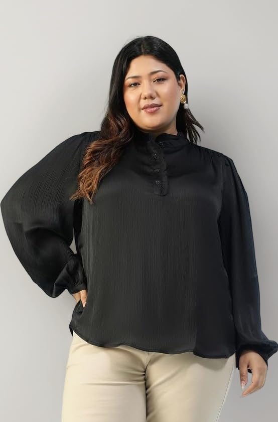 Women Plus Size Solid Round Neck with Button Detail Long Sleeve Satin Chiffon Top