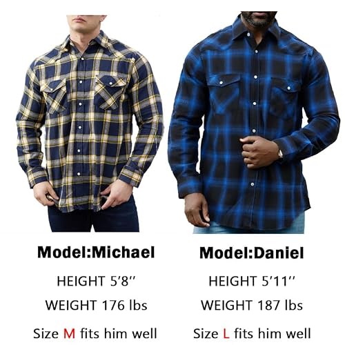 Snap Buttons Flannel Shirts for Men Regular Fit Mens Long Sleeve Shirt,Yellow Navy MFL001,Medium
