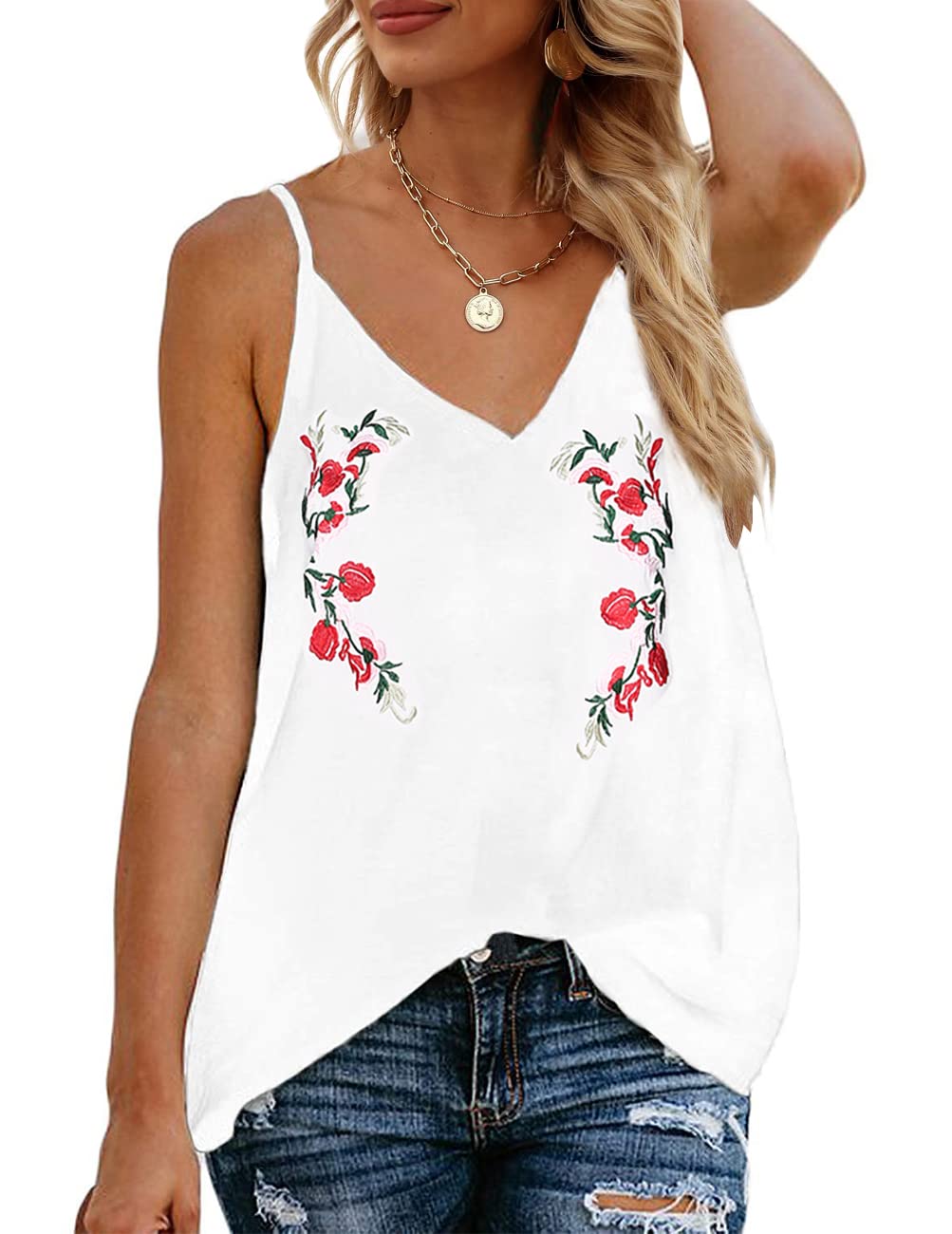 TECREW Women's Boho Floral V Neck Spaghetti Straps Tank Top Summer Sleeveless Shirts Blouse