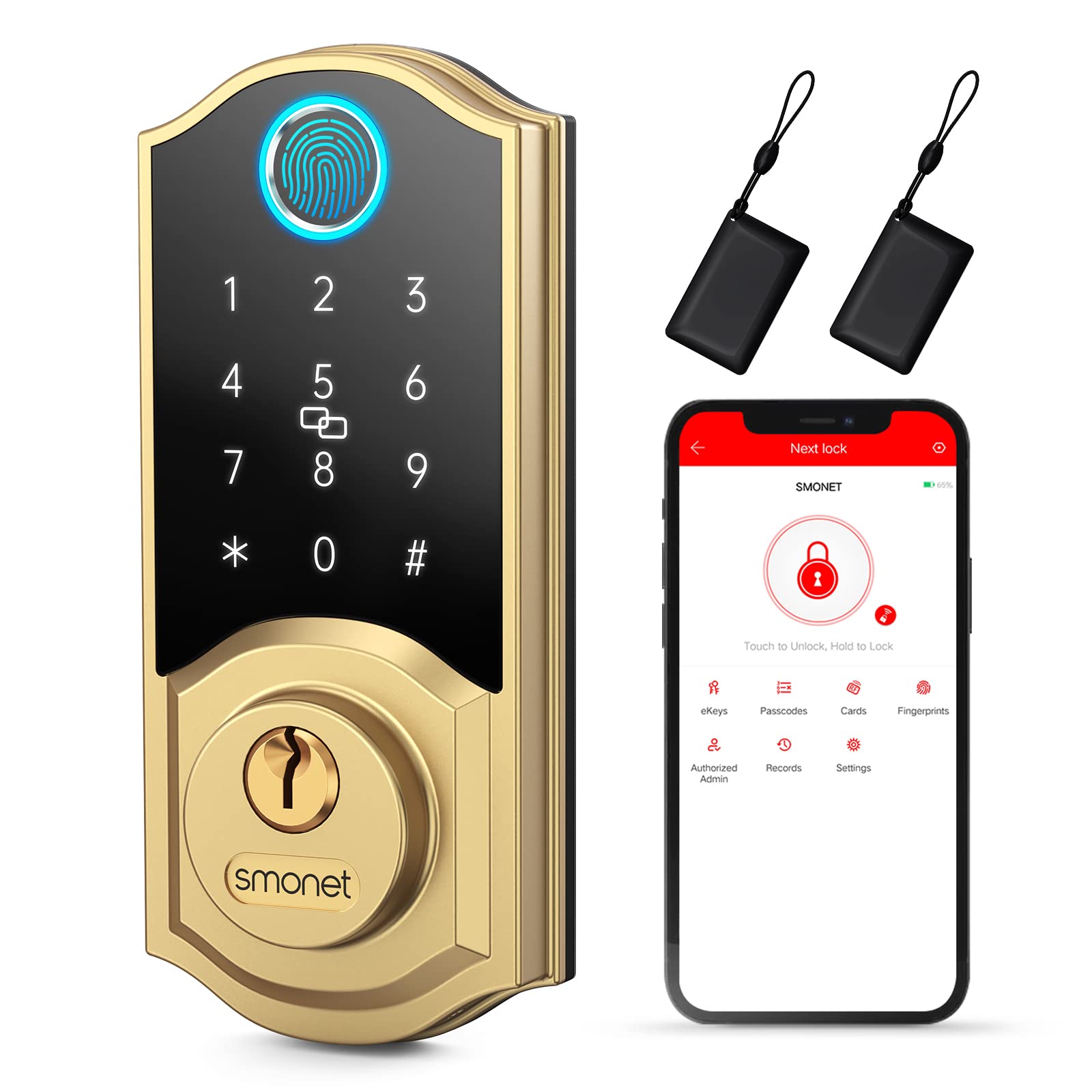 SMONETSmart Deadbolt, Fingerprint Door Lock, Keyless Entry Door Lock Smart Deadbolt Door Lock with Keypad-Bluetooth Keyless Entry Keypad, Biometrics, Auto Lock, IC Card, Passcode for House
