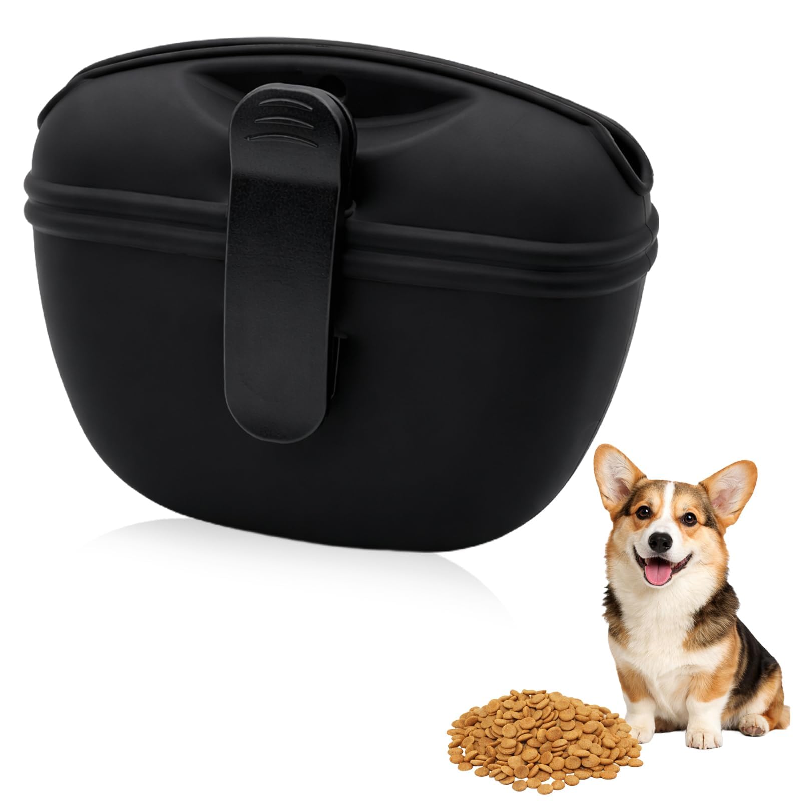 Premium Silicone Dog Treat Pouch for Training and Walking, One-Hand Access Auto Closing Pocket Sized Snack Bag with Upgraded Carabiner Clip, Waterproof and Easy Clean Fanny Pack for Pet Owners (Black)