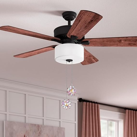 Ceiling Fan Pull Chain Set - 2 Piece Crystal Glass Sunflower Pattern Extension Pendant with 24 Ceiling Fan Chain Extender and Connector (Dazzling Purple)