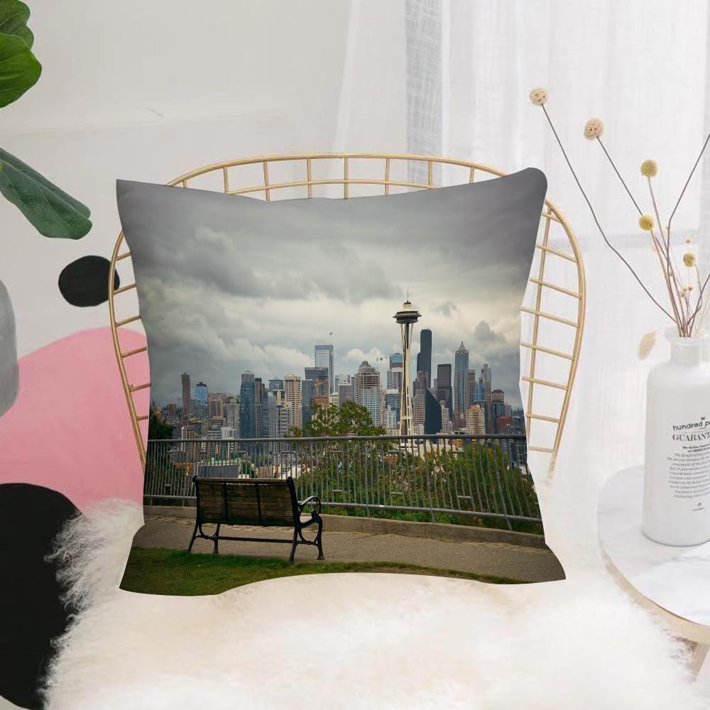 HYOSXW Cushion Cover,Throw Pillow Case Home Decorative for Living Room Bedroom Sofa Chair 16X16 Inch,Bench and view of the downtown Seattle skyline in Seattle Washington.,Pillowcase 40X40cm