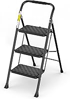 HBTower 3 Step Ladder: Folding Step Stool for Adults with Anti-Slip Pedals, Cushioned Handle, Ergonomic Steel Design - Black