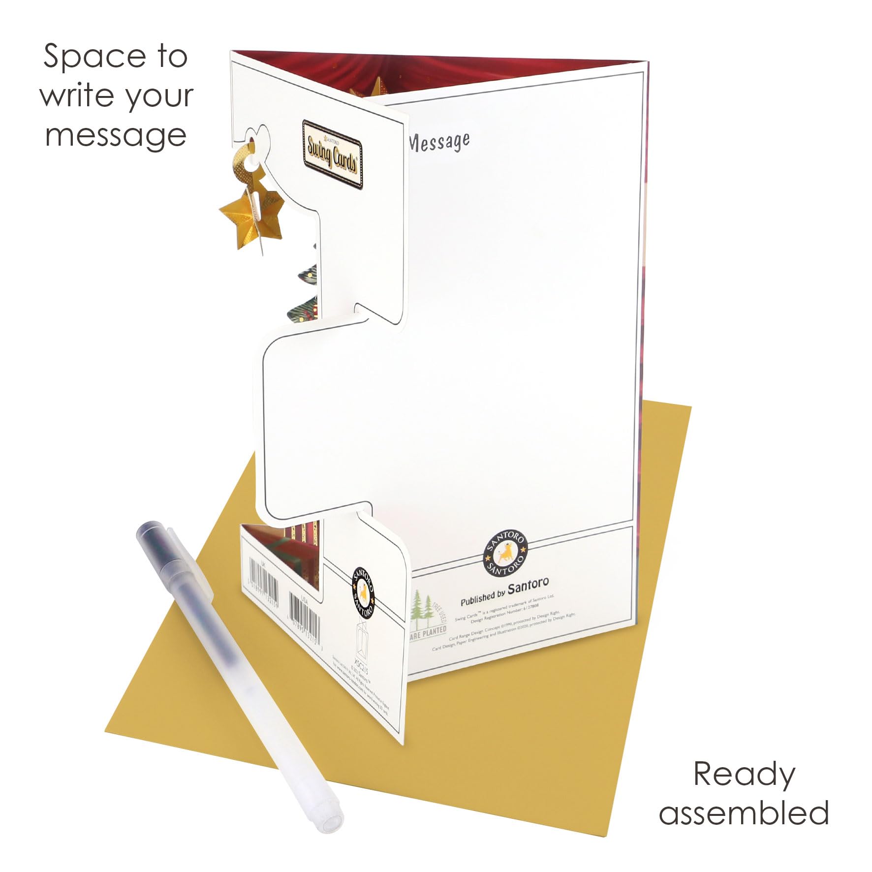 SANTORO 3D Pop Up Christmas Card - Swing Ornaments Holiday Greeting Card With Moving Parts