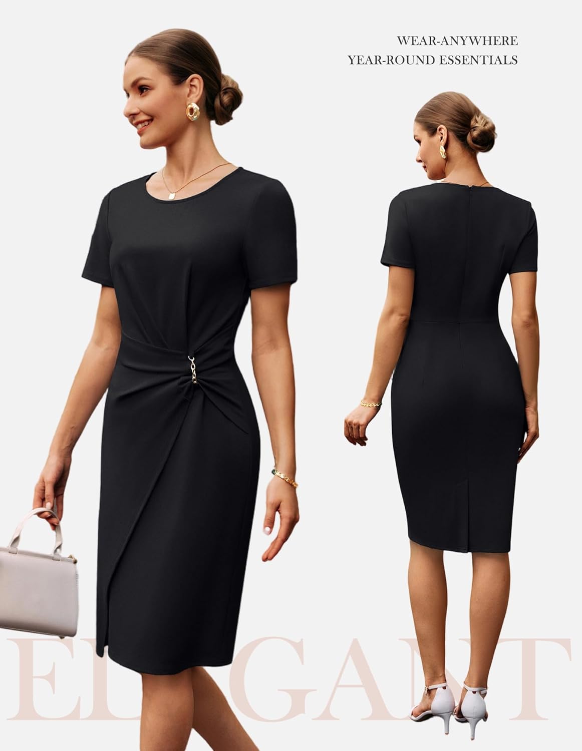 GRACE KARIN Work Dresses for Women 2026 Short Sleeve Sheath Business Midi Dress Ruched Bodycon Office Church Outfits - Image 3