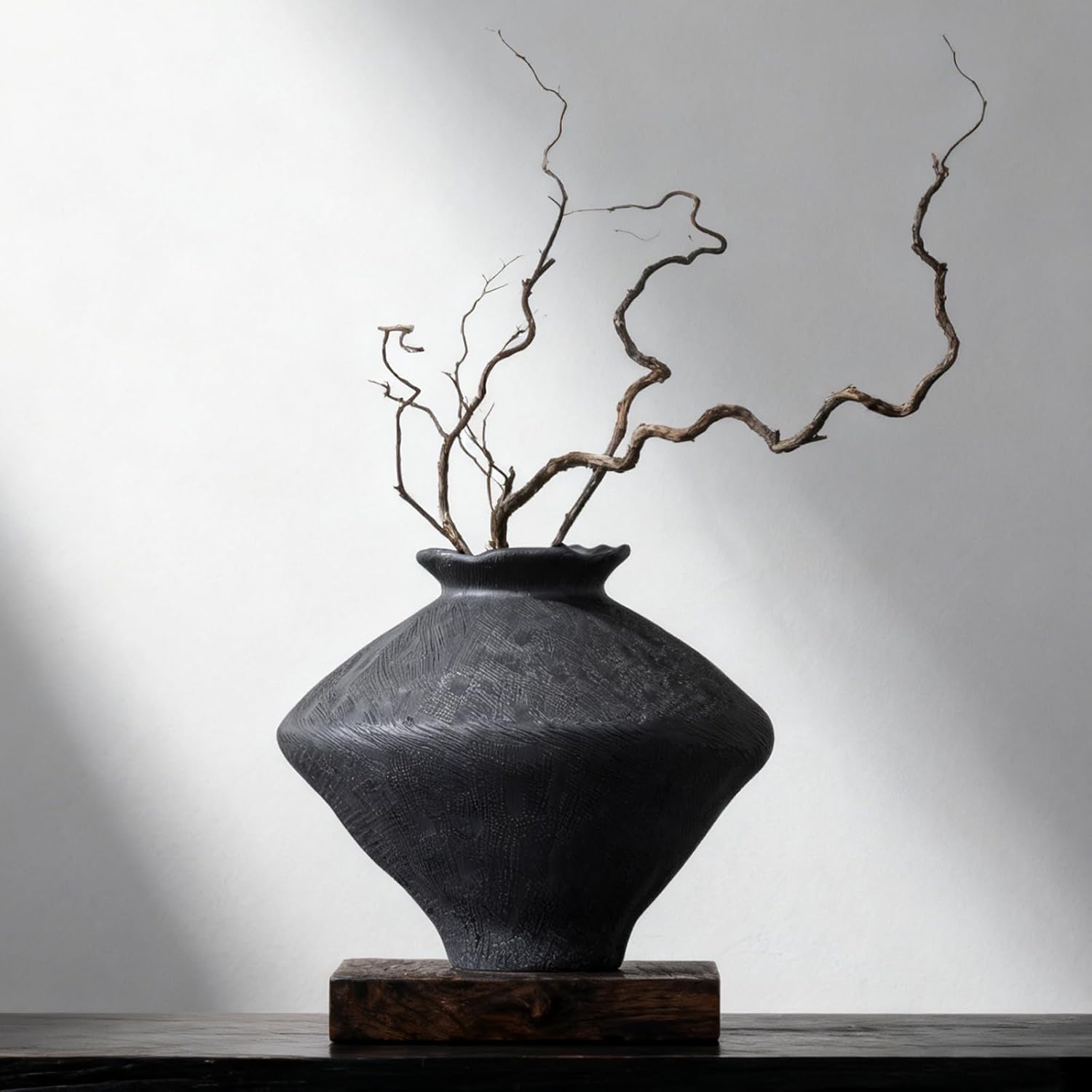 Wabi Sabi Ceramic Vase 6.7", Rustic Textured Pottery Vase, Organic Brown Black Farmhouse Vase with Wide Mouth, Watertight Flower Vase for Pampas Grass, Coffee Table & Shelf Decor