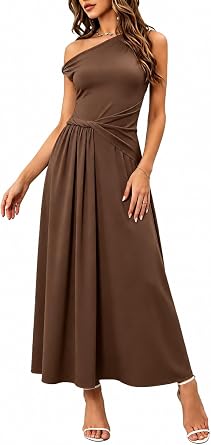 Womens Summer One Shoulder Maxi Dresses 2026 Casual Sleeveless Formal Wedding Guest Vacation Dress Long Flowy