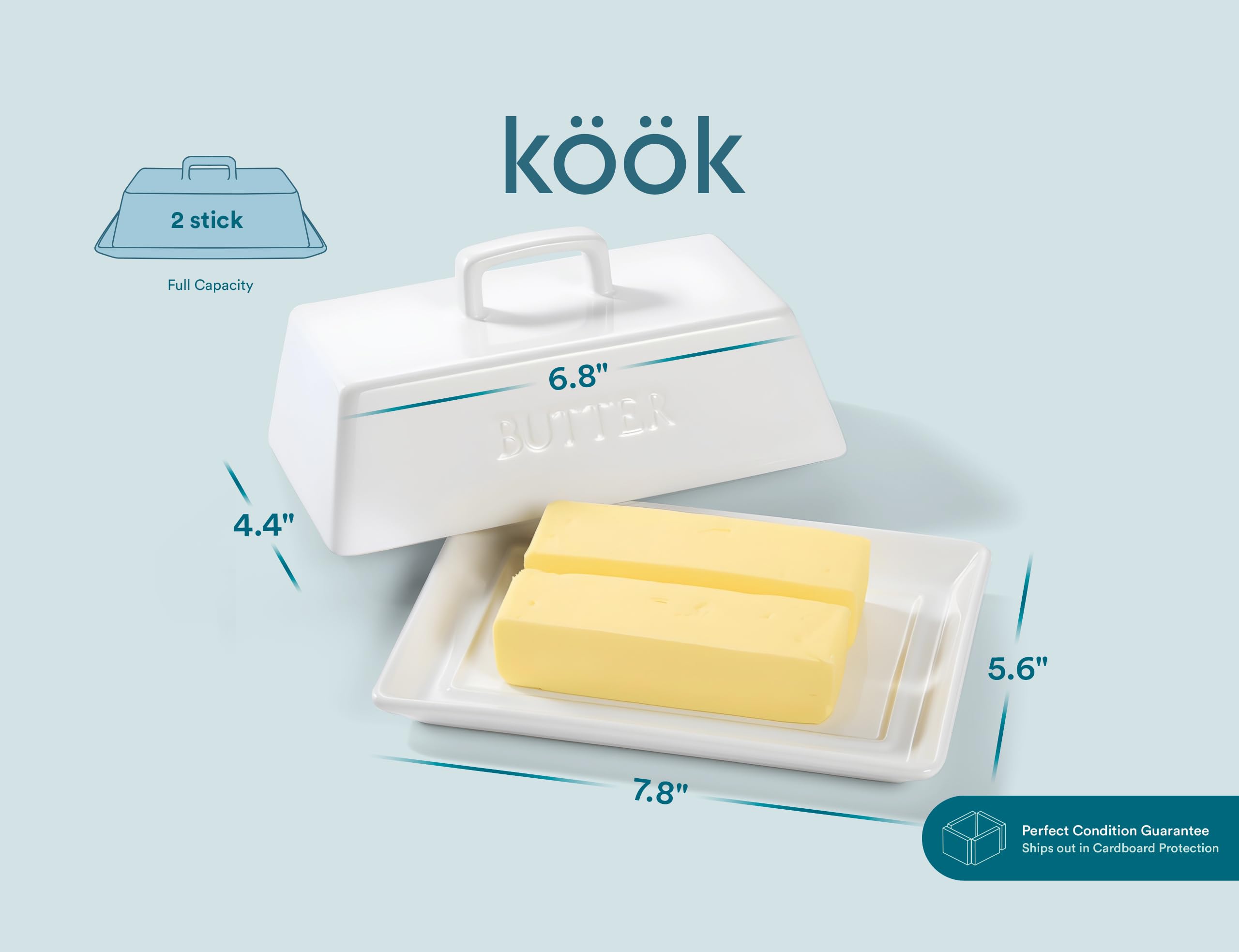 Kook Beurrier extra large en céramique avec couvercle, peut contenir 2 bâtons, compatible avec East Coast, West Coast, style européen et Kerrygold Butter Keeper, plateau de service avec couvercle