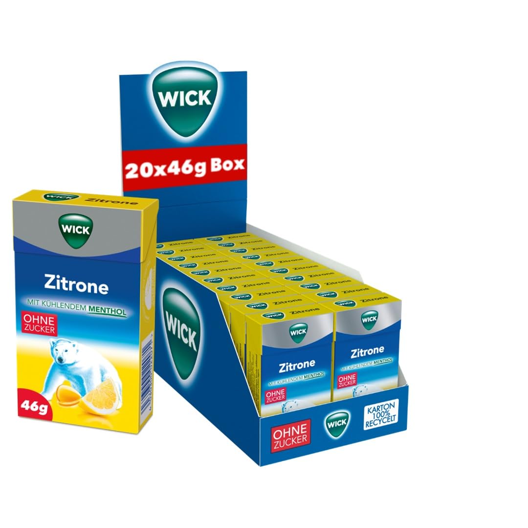 WICK Hustenbonbons Zitrone Clickbox mit Menthol ohne Zucker – 20 x 46 g