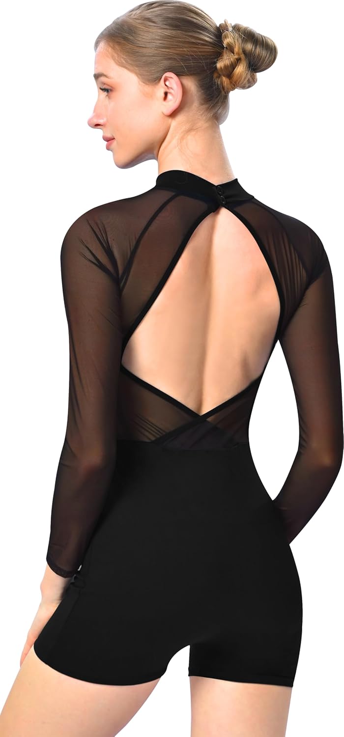 Women Turtleneck Long Sleeve Gymnastics Biketard for Ballet Mesh Dance Costume, Big Open Back
