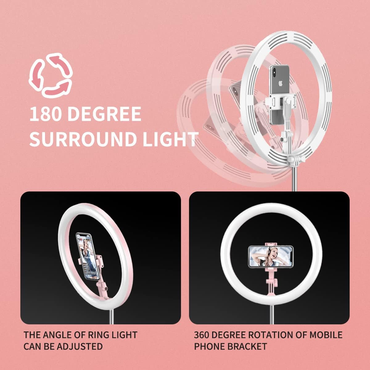 10 Inch Ring Light, 22.8-66 inch High Adjustable Ring Light with Stand, 3 Color Modes Selfie Ring Light for iPhone & Android, Led Ring Light for Live Stream/Makeup/YouTube Video, White