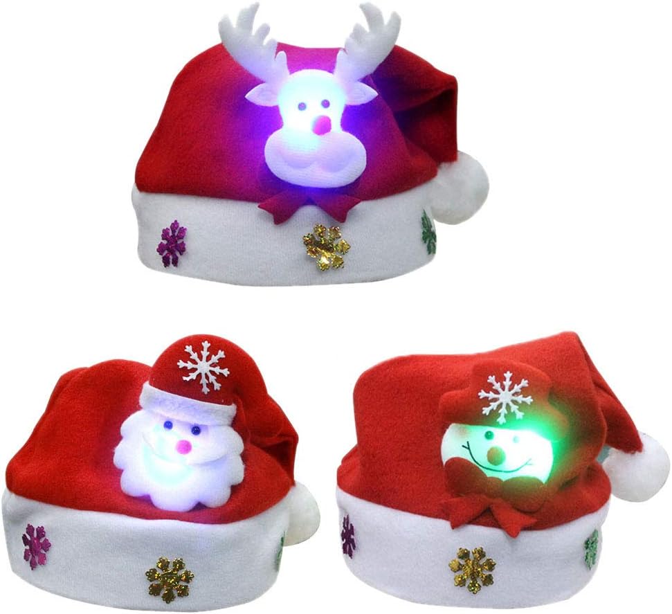 Christmas Hat Funny Santa Snowmen Reindeer Christmas Party Hat 3 Pack Headband Soft Comfort Flannel Christmas Party Kit with LED Light