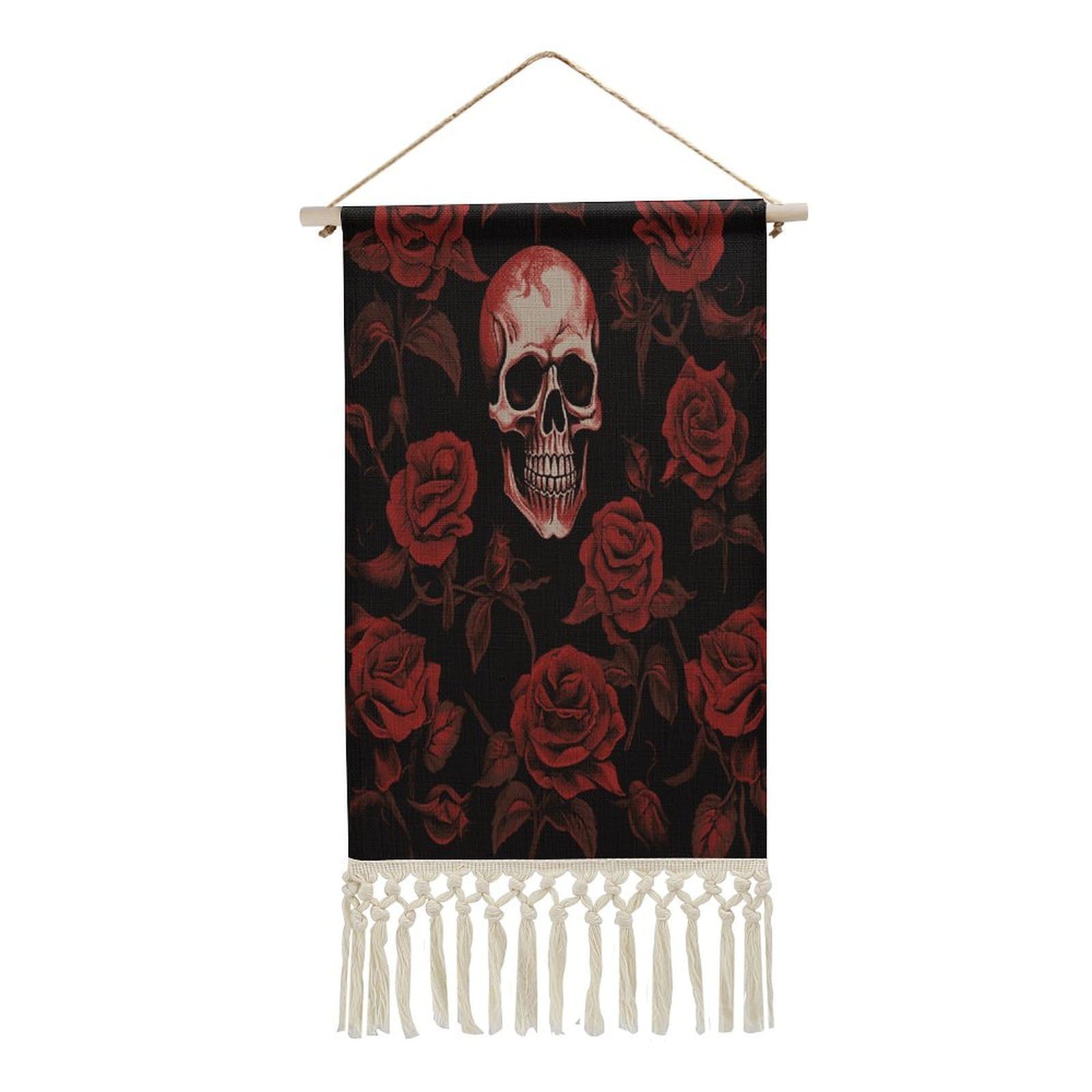 Adfgyerh Style Skull Rose Tapestry With Tassels Cotton And Linen Hanging Posters, Wall Art For Travel Gift, Wall Tapestry For Office Home Decor Bedroom Living Room Decor