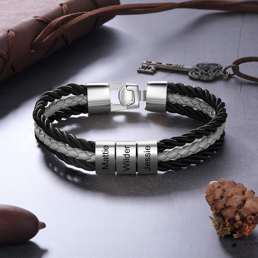 Personalized Unique Father's Day Gifts Men Braid Bracelet with 1-3 names,Custom The Names Leather Bracelet for Dad/Grandapa,Father's Day Gifts form Daughter&Wife,Silver/Golden Bracelet