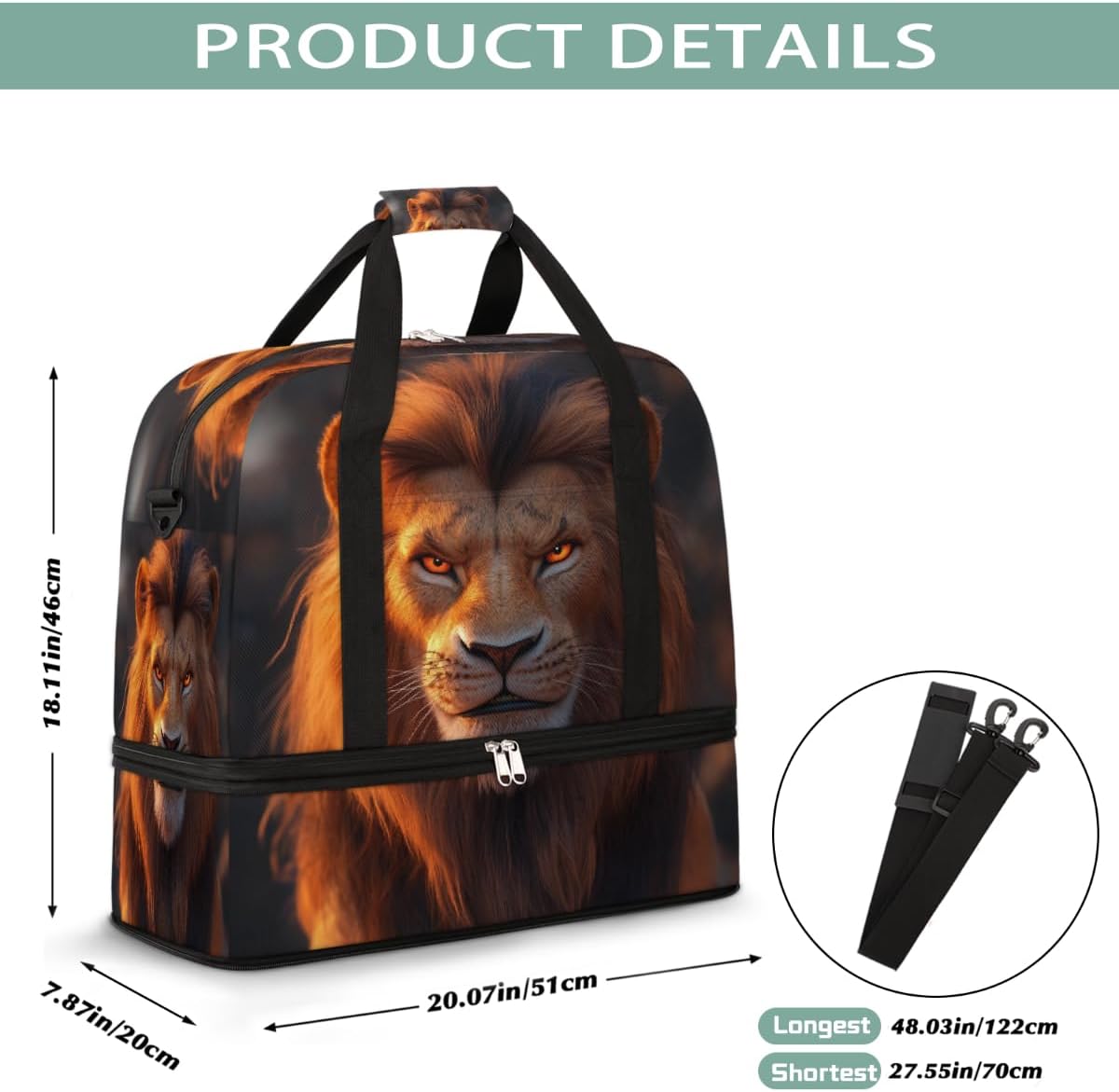 Cool Golden Animal Lion Large Weekender Bag with Shoe Compartment Travel Duffel Bags for Women Carry On Hospital Overnight Bag Foldable Personal Item Travel Bags Tote Gym Sports Airplanes