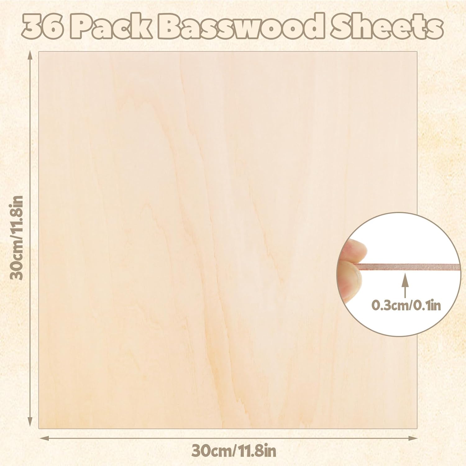 CertBuy 36 Pack Basswood Sheets 1/8 inch, 11.8"x11.8"x1/8" Craft Plywood Sheets, 3mm Basswood for Laser Cutting, Plywood Board Unfinished Wood for Crafts DIY Ornaments and Models Engraving Drawing