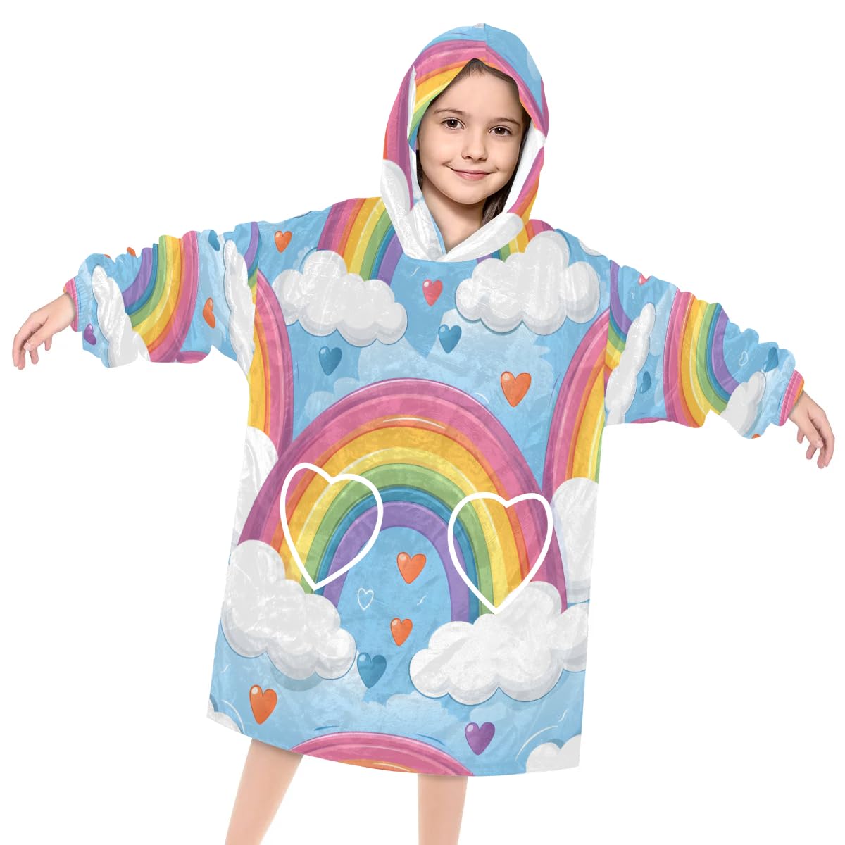 Wearable Blanket Hoodie for Kids, Clouds Rainbow Fleece Sweatshirt Blanket Oversized Blanket Sweatshirt with Pocket Flannel Warm Hooded Blanket 6-10 Year Old Girl Boy Gift, One Size