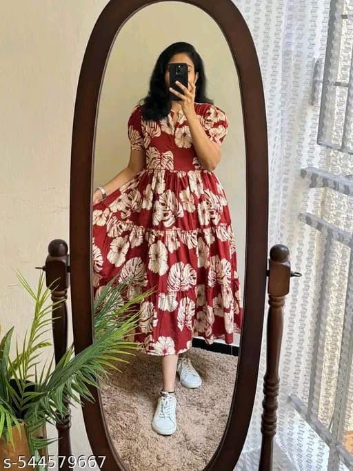 Image of Women's Rayon A-Line Midi Dress, Floral Print, Short Sleeves, Round Neck, Tiered Design
