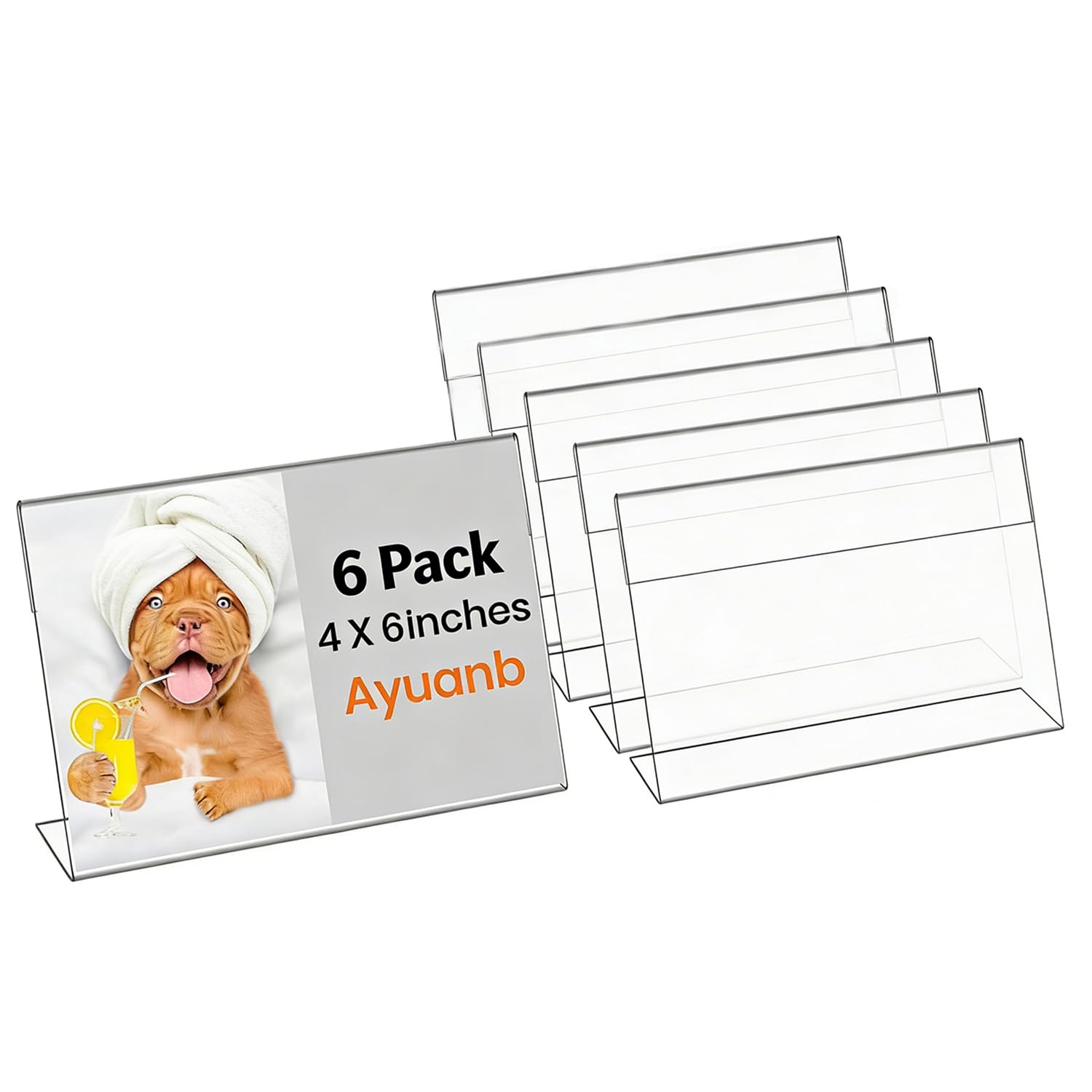 Ayuanb 4x6 Inch Acrylic Sign Holder, 6 Pcs L Shape Clear Plastic Slant Back Sign Holders, Paper Photo Display, Clear Picture Frame Table Sign Holder
