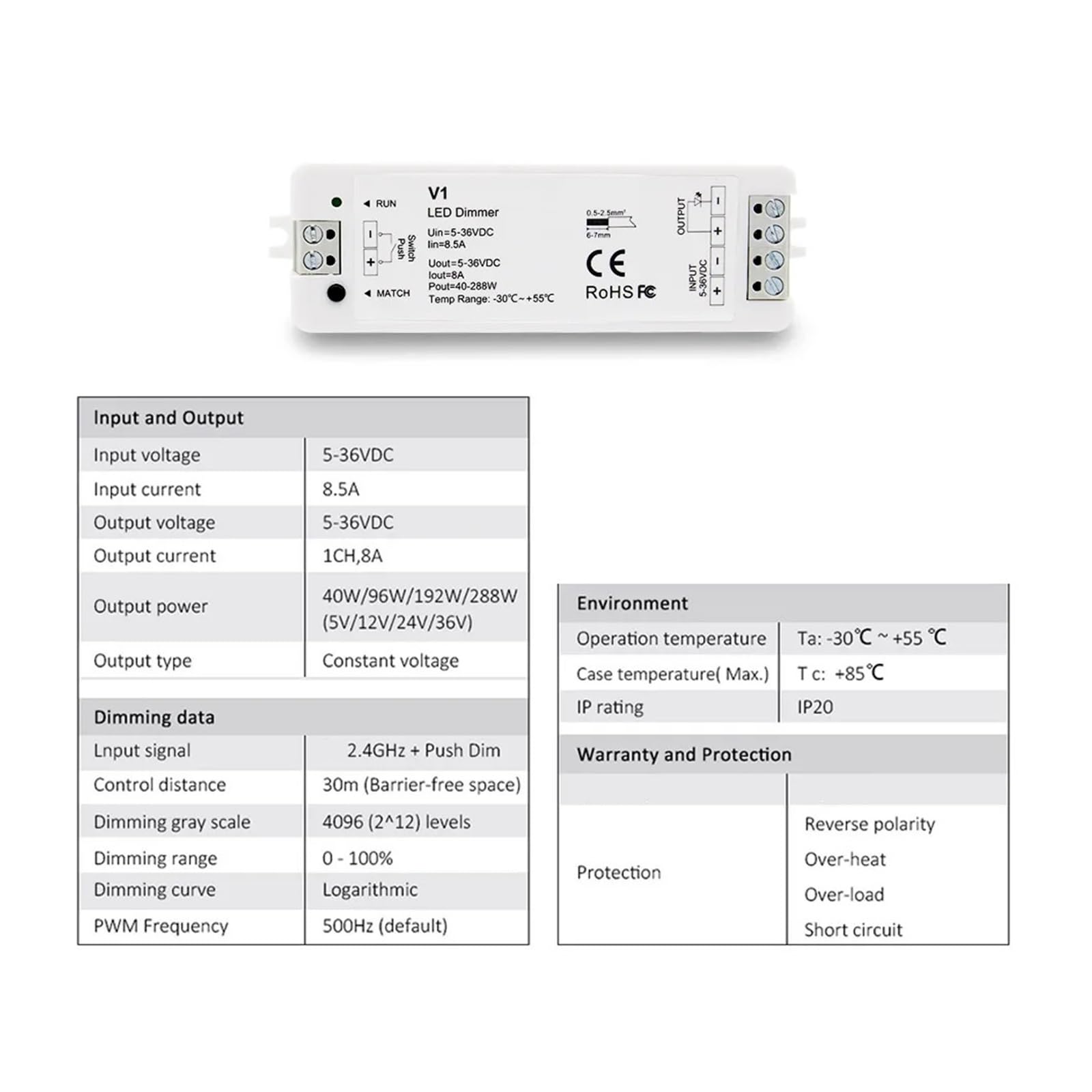 Atenuador LED 12V 5V 24V 36V 8A Interruptor PWM con control remoto táctil de ajuste de brillo 2.4G, adecuado for tira de luz LED de un solo color V1(Push Switch Only)