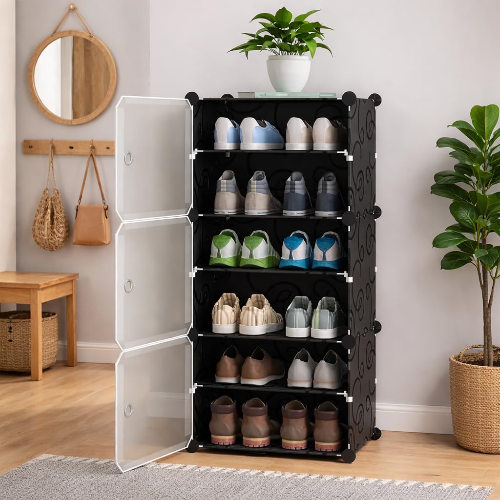 KRISHYAM® 6 Step Modular Shoe Rack Cabinet with Door & Side Hooks, Plastic Stackable Shoe Storage Organizer, Space Saving Foldable Wardrobe for Entryway, Bedroom & Living Room (3 Door 6 Step (Black))-image-37