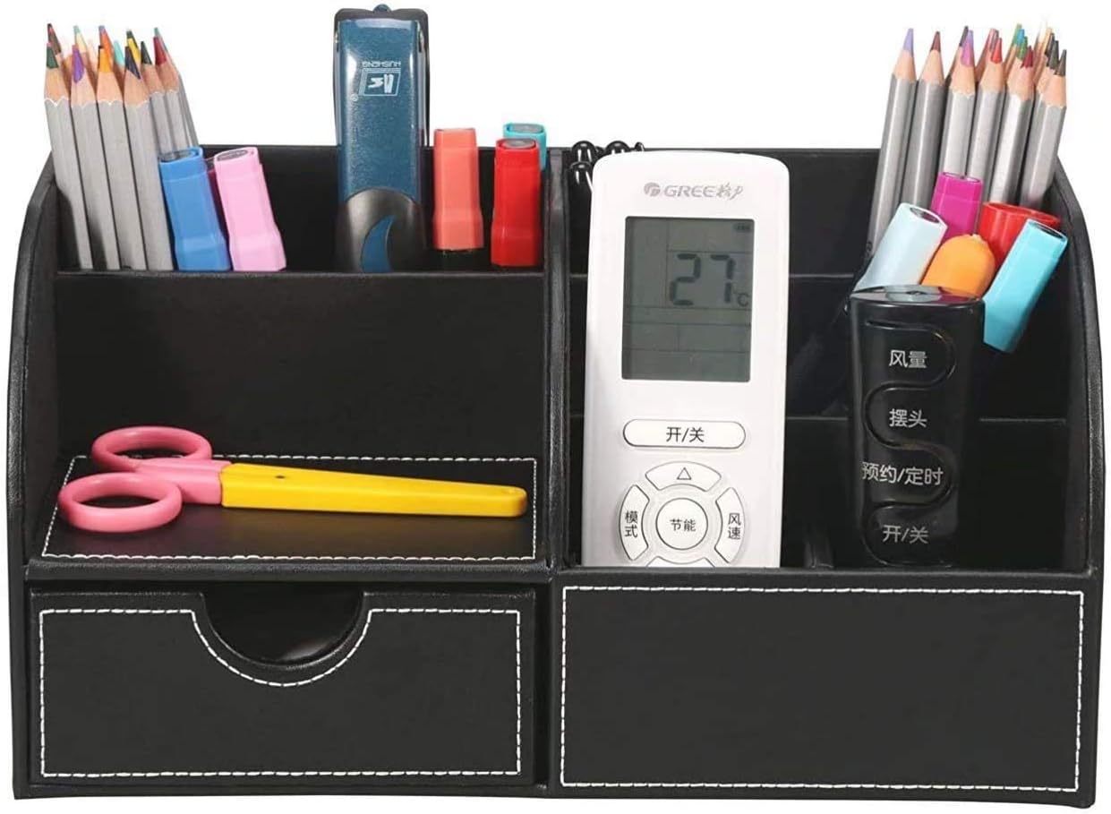 WINSHEA 7 Storage Compartments Multifunctional PU Leather Office Desk Organiser Desk Tidy Desktop Stationery Storage Box Mobile Phone Remote Control Holder (Black)