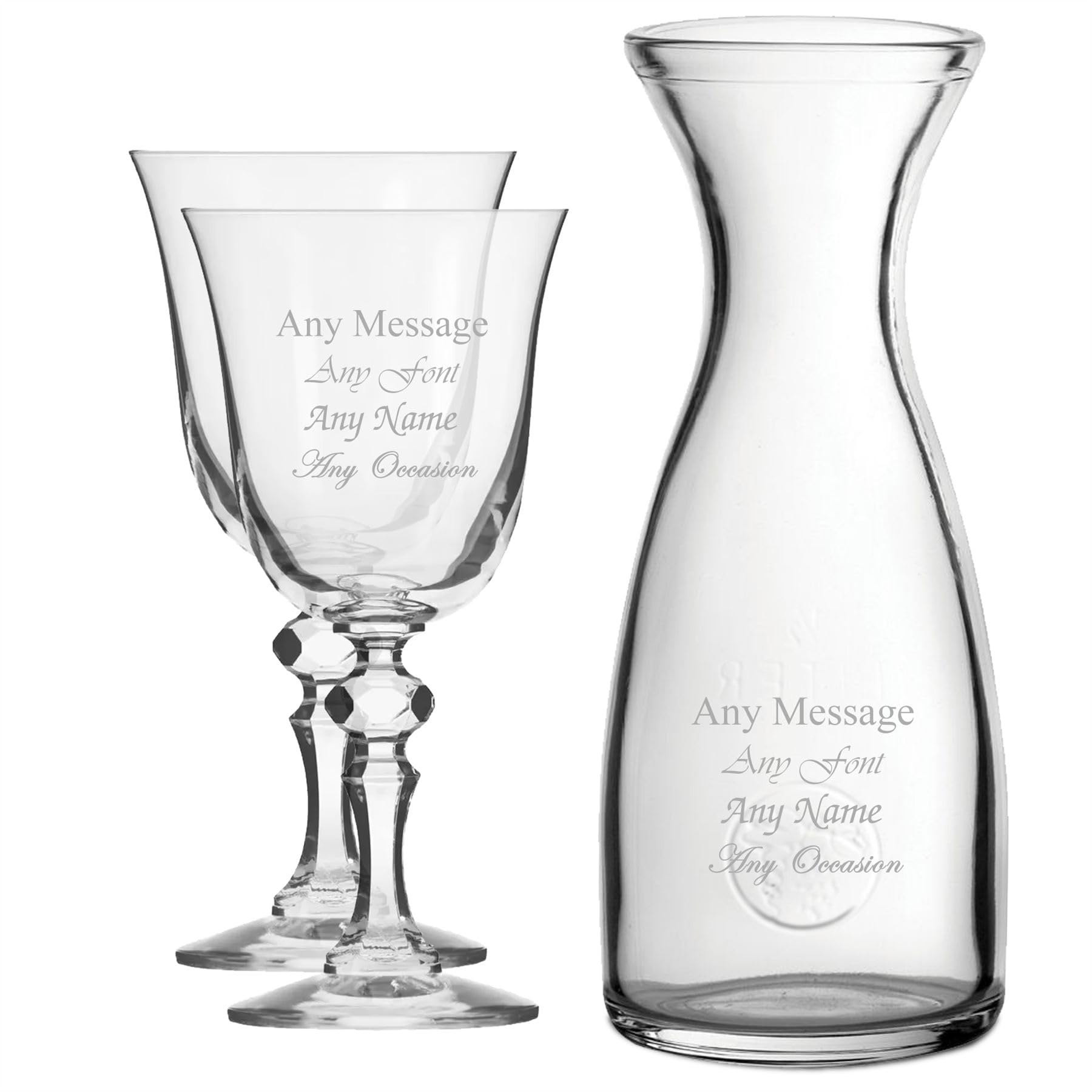 Personalised Engraved Set of 2 Crystal Jasmine Wine Glass and 1 Litre Carafe Set, Customise with Any Message for Any Occasion, Stylize from a Variety of Fonts, Gift Boxes Included, Laser Engraved