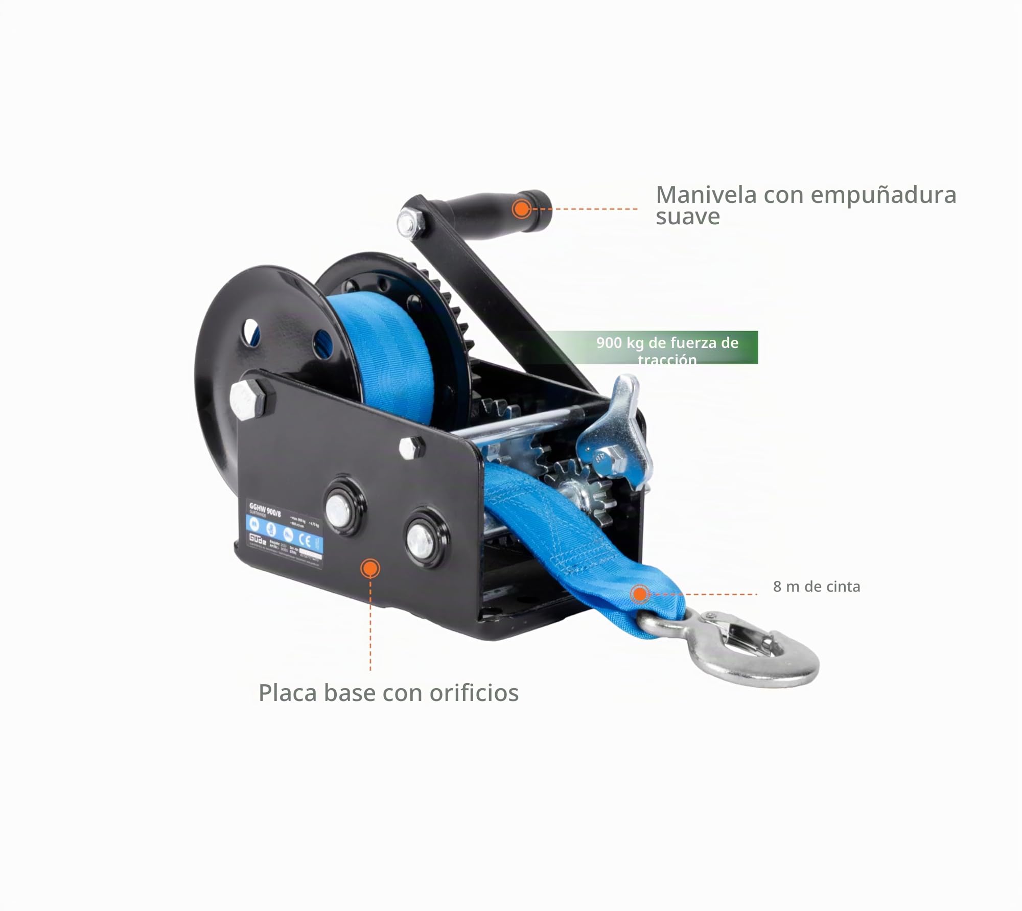 Güde Cabrestante GGHW 900/8 (900 kg de fuerza de tracción, 8 m de longitud de la correa, 5 cm de ancho de la correa, gancho de carga con apertura de gota, palanca de bloqueo, manivela con mango suave,
