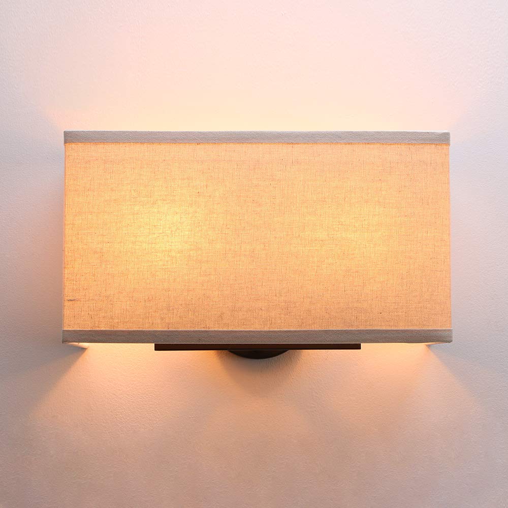 Yosoan Vintage Industrial Fabric Wall Light Sconces Lighting, 2 in 1 Beside Wall Lamp for Living Room Bedrooms Kitchen Dining Room Hallway Hotel,Square Line Shade, E27 (Beige Fabric Lampshade)