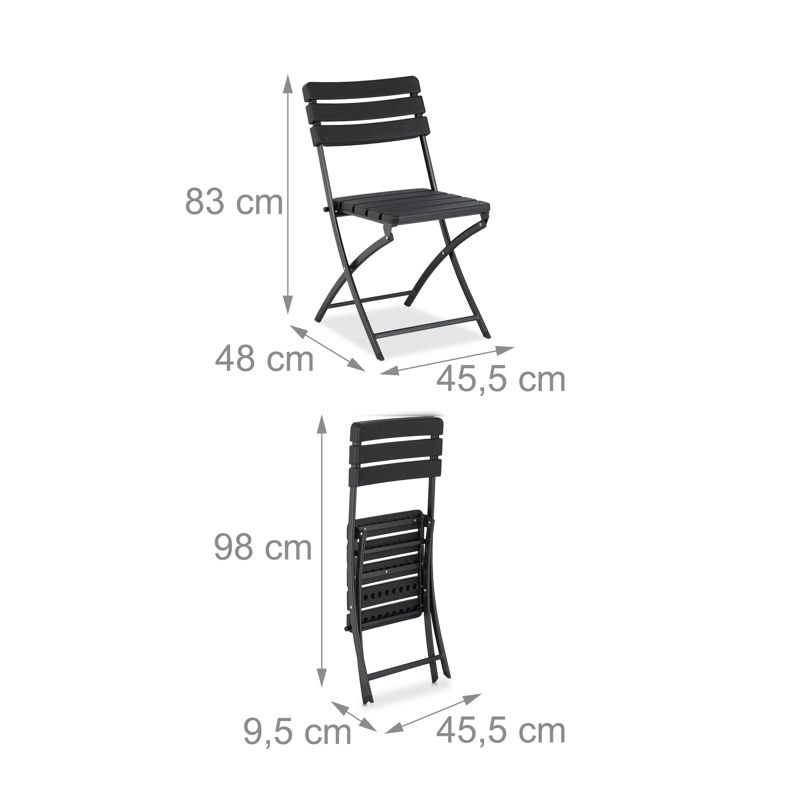 Relaxdays Tavolo da Esterno e Sedie, Set da 3 Mobili Pieghevoli e Salvaspazio da Balcone, Design Aspetto Legno, Nero