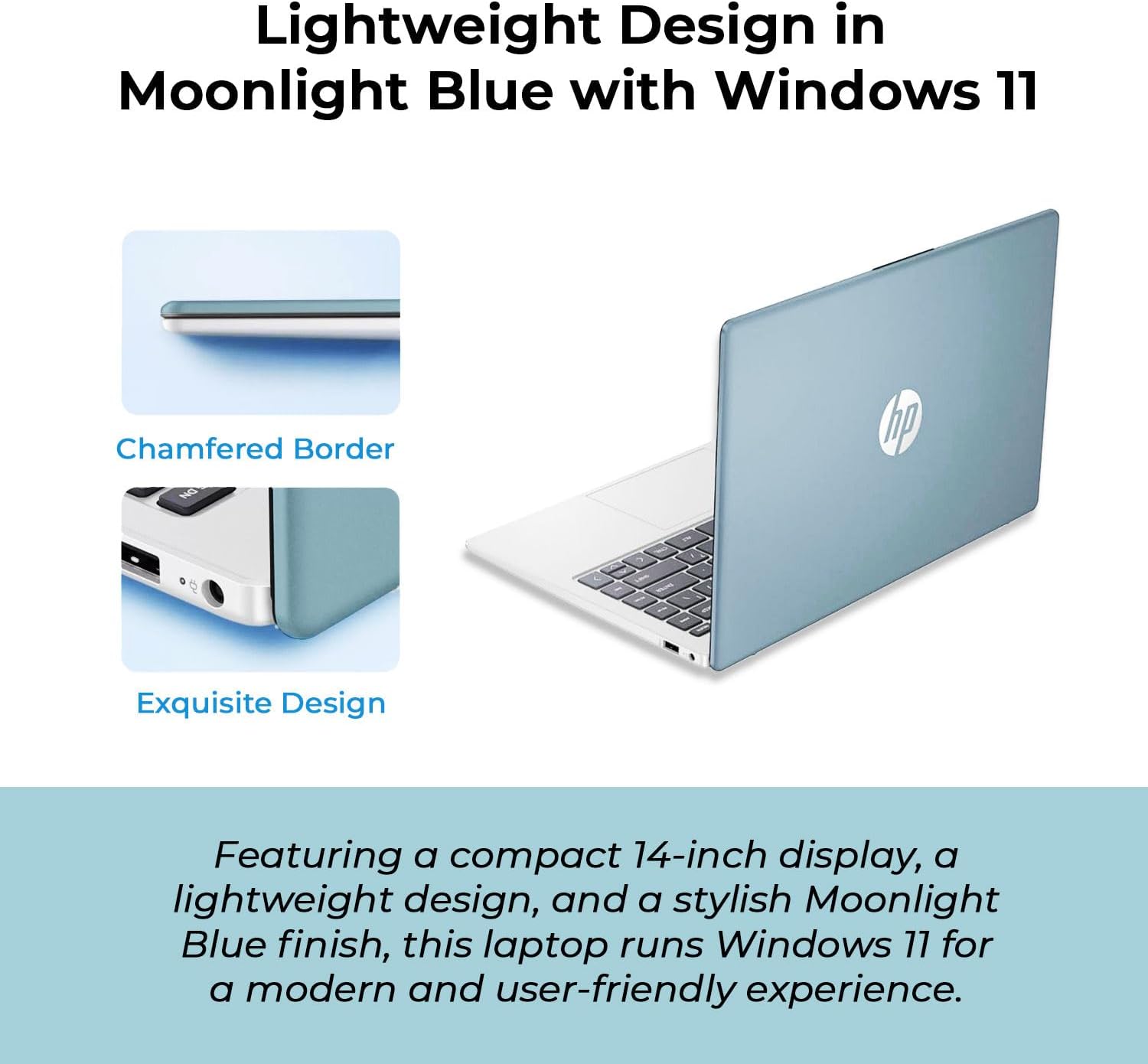 HP 14" Moonlight Blue Laptop with Office 365, AMD CPU, 4GB DDR5 RAM, 1.1TB Storage (128GB SSD and 1TB OneDrive), HD Display, Windows 11, Energy-Efficient & Quiet Performance