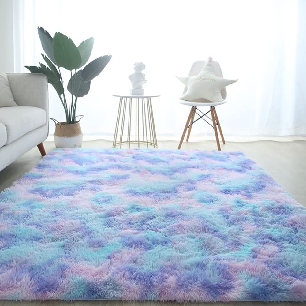 Tappeti morbidi a pelo lungo con tintura tie-dye per camera da letto e soggiorno, tappeto colorato e soffice, piccolo e grande, blu e viola, 120 x 160 cm