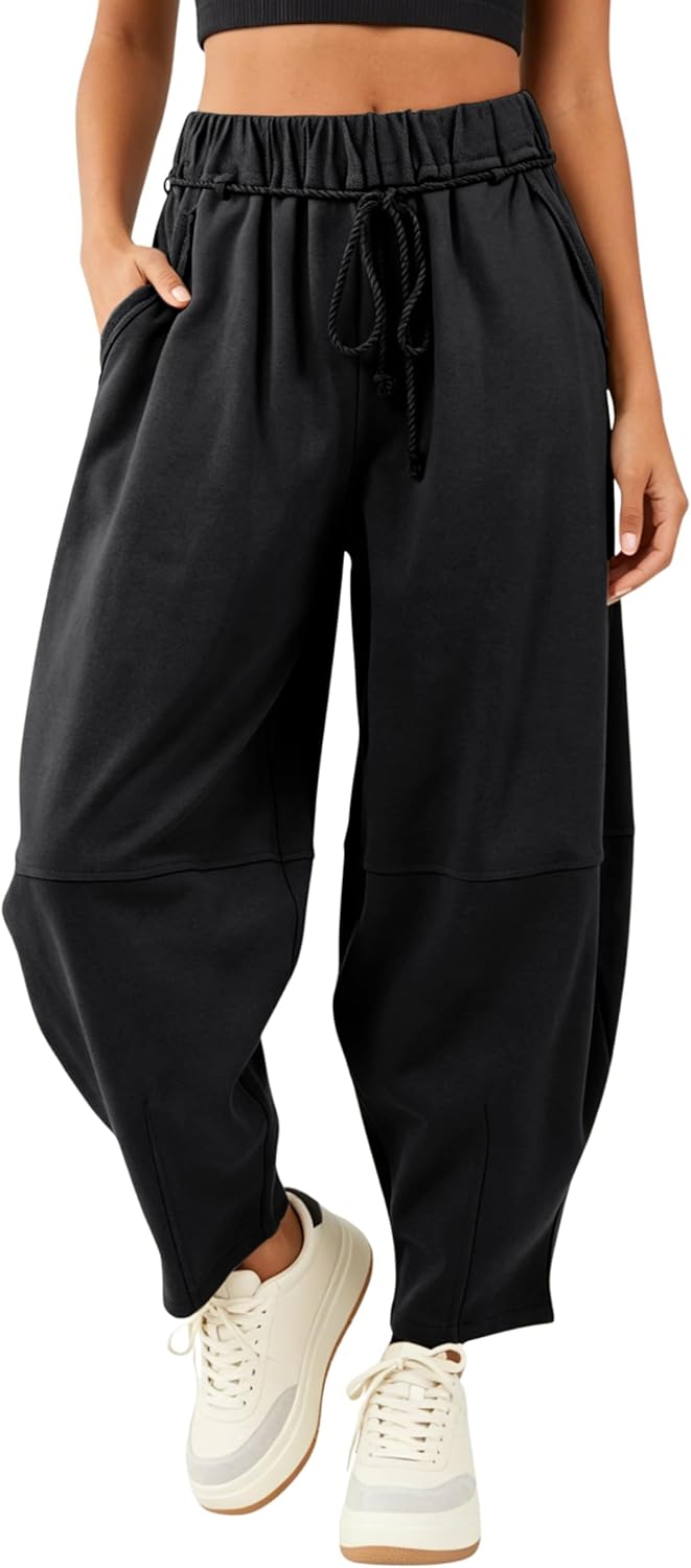 SeekMe Women's Barrel Leg Pants Drawstring Elastic Waist Palazzo Sweatpants Lounge Cotton Boho Trousers