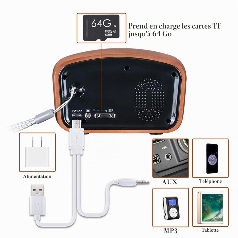 Qoosea Radio Portable Haut-parleurs Bluetooth Faits à la Main Rétro en Bois Bluetooth 4.2 Mini Haut-Parleur avec Caisson de Basses Super Graves avec Radio FM Prise D’entrée Audio (R919)