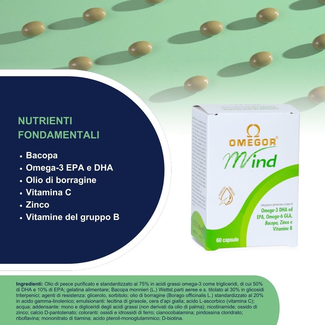 Omegor Mind Omega 3 e 6 con Bacopa Monnieri - Integratore Memoria e Concentrazione - Con Zinco, Vitamine per Favorire le Funzioni Cognitive - Per Adulti e Bambini (60 Capsule)