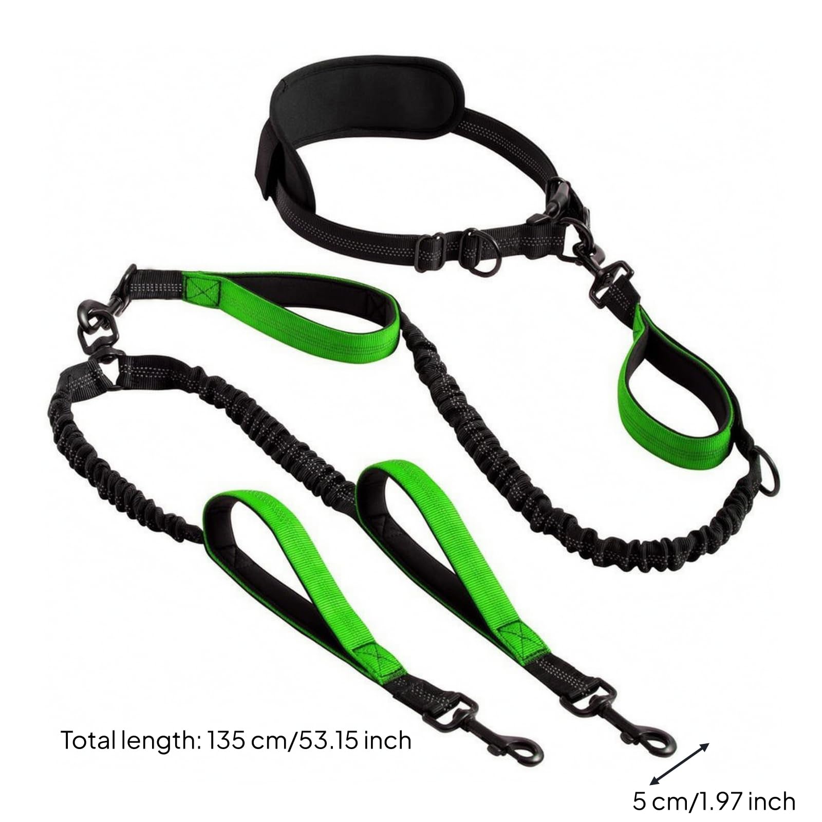 Guinzaglio a Doppia Testa Guinzaglio per Cani Guinzaglio Cintura da Corsa Guinzaglio Elastico con Bungee con Cintura in Vita con Maniglie per, Verde Scuro