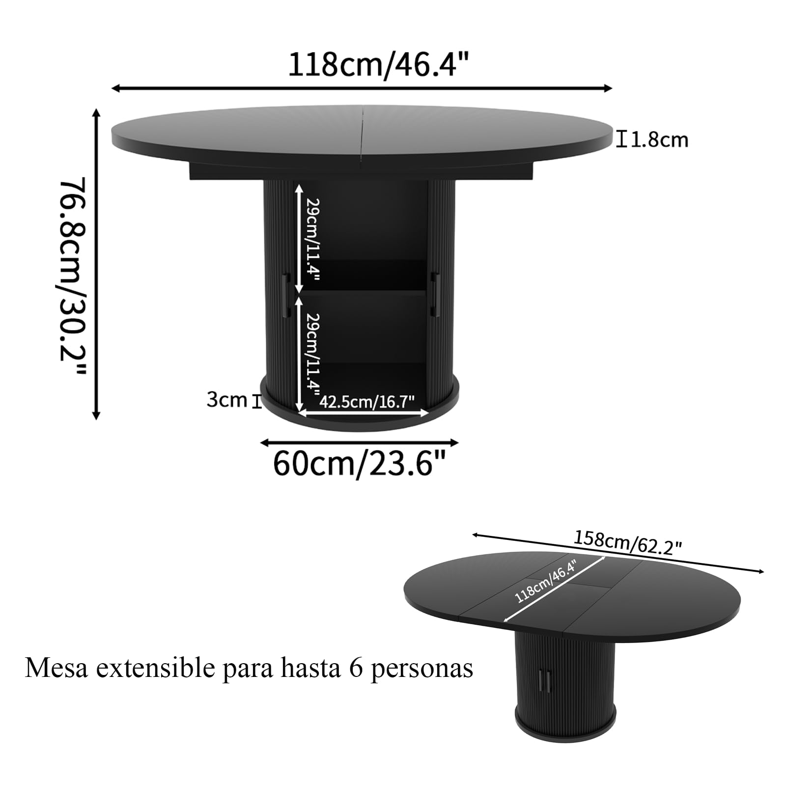 Table de salle à manger extensible ronde en bois massif pour 4 à 6 personnes - Design moderne - Gain de place - Parfaite pour la salle à manger et la cuisine